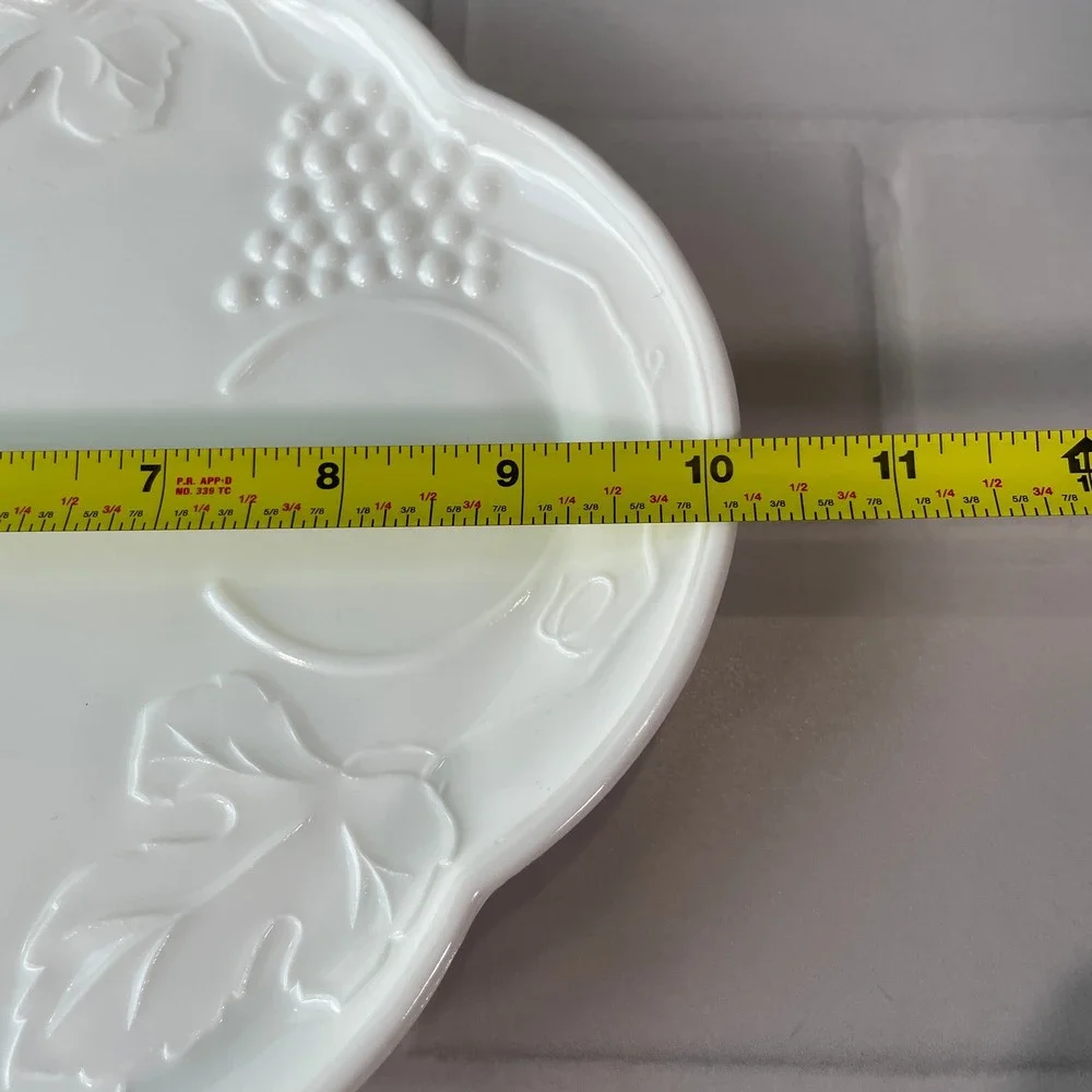 Vintage White Milk Glass Grape Leaf Embossed Snack Plates Set of 2 Scalloped